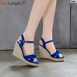 34~46 Wedges Sandal Women Summer New Platform Pumps Bohemia High Heel Ankle Strap Solid Flock Female Shoes Zapatos De
