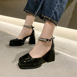 lace Bowknot Pearls Strap Platform Pumps Women Thick Heels Mary Jean Shoes Woman Square Toe High Heeled Shoes