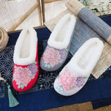 Breakj Single Slippers / Cotton Slippers Linen Peony Embroidered Round Head Flat Cloth Shoes Sandals Embroidered Women's