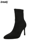 Luxury Women Black Flock Sock Boots Stiletto Thin High Heels Elastic knitting Boots Winter Stretch Fabric Ankle