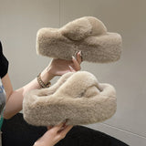 Breakj Thick-Bottomed Fur Slippers Wearing Autumn New Fashion Slope And Loose Cake Bottom-Size Cotton