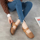 Hollow Genuine Leather Breathable Soft Flat Sandals Summer Women Shoes Woman Casual Solid Buckle Strap Ladies
