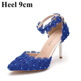 Queen Women Lace High Heels Banquet Wedding Shoes Bridal Sandals Pointed Sweet Wild Single Pumps Large