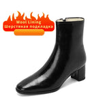Women Snow Boots with Fur Split Cowhide Block Heel ZIP Genuine Leather Fall Winter Short Ankle Boot Black Booties Shoe Size