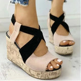 Large Size Beige Heeled Sandals Velvet Shoes Cross-Shoes Clogs Wedge 2024 Summer Espadrilles Platform Big Black High