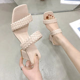 Women Slip-On Bohemia Weave OL Wear Pumps Sandals For Ladies White High Thick Heel Slippers Slides Shoes Plus Size