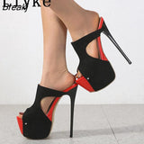 New Design Black Red Ultra Thin High Heels Sexy Thick Bottom Platform Slippers Women Sandals Summer Party Pole Dance