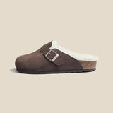 Fashion Winter Fur Slipper Leather Mule Clogs Slippers Long Plush Warm Indoor Soft Cork Buckle Slides Footwear for