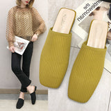 Women Mules Slippers Women Summer Flats Sandals Knit Fabric Stretch Slides Holiday Beach Shoes Square Heel Square Toe