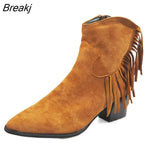 new fashion ankle boots elegant tassel sheep Suede Western boots middle heel pointed side zipper