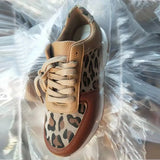Women Autumn Leopard Thick-Soled Sneakers Stitching Lace-Up Sport Shoes Casual Ladies Vulcanized Wedges Tennis