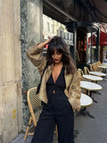 Shinny Sequin Women Cropped Jacket Stand Collar Long Sleeve Lady Solid Coat 2023 Autumn New Female Gold Street