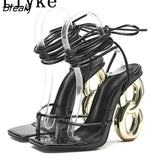 New Brand Chic Strange High Heels Gladiator Sandals Women Gold Cross Lace Up Summer Open Toe Wedding Prom Shoes Size