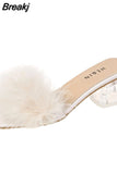 Sandal Women Summer Outdoor Fashion Slippers Square Toe High Heels Office Ladies Feather Slides Chic Classics Furry