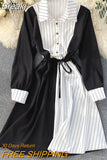New Spring Summer Striped Print Patchwork Long Sleeve Shirt Dress Women Casual Buttons Lace-up Sash A-line OL Work
