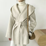 Women Solid Color Wool Coats With Belt Long Sleeve Hooded Pockets Coats Female Chic Elegant