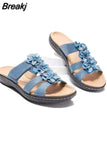 Women sneaker slippers Summer 2023Size 43 Hollow One-word Slippers Women's Casual Leather Wedge Sandals Flowers Beach