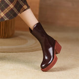 Women Genuine Leather Western Boots Round Toe Zipper Shoes Platform Thick High Heel Short Boots Autumn Winter Wine