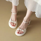 Summer New Vintage Sandals One Line Buckle Beach Sandals Round Head Bow High Heel Sandals