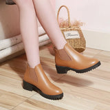 Heel Boots Women's 2023 New Fashion Light Leather Boots Brown Round Head Mid Heel Slip on Ankle Women's Shoes Women