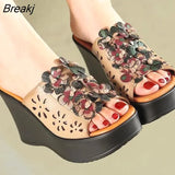 Summer Woman Shoes Platform Slippers Wedge Genuine Leather Women High Heel Slippers For Women Retro Sandals Female