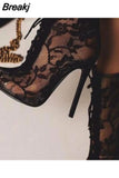 Mature Mesh Women Boots Floral Lace-Up Thin High Heels Ankle Pointed Toed Party Wedding Shoes