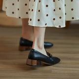 Real Leather Women Pumps Fashion Chain Thick Heels Shoes For Woman Casual Loafers Office Lady Daily Footwear Size