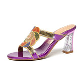 Diamond Sandals, Women's High-Heeled Slippers, Summer Rough Heels With Diamond-Encrusted Crystals, Fashionable Heels, Sandals And