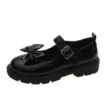 Breakj Sweet Bows Black Small Leather Shoes 2024 Round Head Light Mouth Buckle Low Heel Mary Jane Single