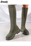 New Winter Stretch Sock Boots Over The Knee Boots Women's Thick Bottom Slim High Heel Large Size Round Toe Botas De