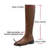High Boot Women 2022 Winter Split Cow Leather Brown Black ZIP Low Block Heel Quality Long Boot Handmade Shoe Christmas