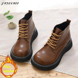 Girl Retro British Small Leather Boots Wide-Head Womens Ankle Boots Handmade Warm Big-Head Short Boots Student Women