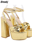 Buckle Platform Women Sandals Summer 2023 New Hot Sexy Elegant Rhinestones Shoes Thick Heels Sandals Bowknot Decor