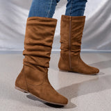 Breakj Mid-Size Boots Women 2024 Autumn And Winter Pure Color Velvet West Knight Boots Round Head Flat And Pile