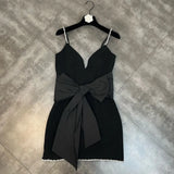 Black Patchwork Bowknot Diamond Sling Dress For Women V Neck Sleeveless Mini Dresses Female Clothing Style New