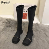 Winter New Mix Color Women Long Boot Fashion Flats Heels Square Toe Knee High Boot Back Zipper Riding