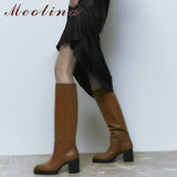 INS Women Genuine Leather Knee High Boots Round Toe Platform Thick High Heel Zipper Ladies Long Boot Autumn Winter