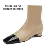 Women Genuine Leather Ankle Boots Square Toe Flat Ladies Zipper Mixed Colors Short Boot Autumn Winter Shoes Beige