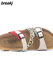 Fashion Print Cork Slipper 2023 New Summer Women Beach Double Buckle Slides