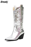 Cowboy Western Boots Great Quality 2023 Spring Summer Brand Design Shining Embroidery Fashion Mid-calf Boots