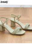 Women Sandals Female Square High Heels Pu Open Toe Lady New Summer Shoes Solid Soft Comfort Buckle