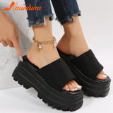 Dropship 2023 Summer Brand New Women Single Band Platform Sandals Black Nylon Chunky Platform Wedges Slipper