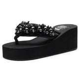 High Heel Women's Beaded Flip-flops Women's Non-slip Slope with Sandals and Slippers Wear Holiday Seaside Beach Shoes