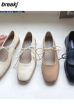 New Designer Women Loafers Single Leahter Shoes Fashion Lace Up Female Round Toe Shallow Flats Elegant Woman