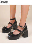 Women Heels Fashion Bow Heart Buckle Platform Lolita shoes Women Pumps Leather High Heels Square Toe Mary Janes Shoes