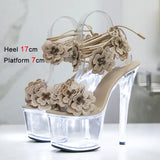 Transparent Platform High Heels Light Up Glowing Luminous Sandals Handmade Flowers Ankle Strap 17CM Summer Shoes For