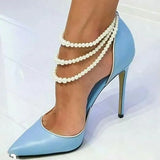 White Pearl Embellished Wedding Dress Shoes Bride Cut-out Stiletto Heels Pointed Toe Pumps 12cm White Blue