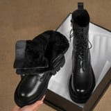Real Fur Boots for Women Winter Shoes Genuine Leather Black White Ankle Booties Wool Warm Flat Platform Chunky