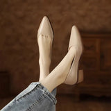 Retro Leather Heels Shoes Pointed Toe Slip-on Loafers Mid Heeled Shoes Women Spring Casual