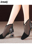 Mesh Sandals Boots Women Mesh Ankle Boot For Summer Mid Heel Rhinestone Ponited Toe Shoes Hollow Out Back Zip